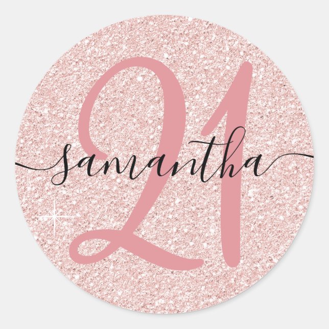 Girly Pale Rose Gold Faux Glitter Personalised 21 Classic Round Sticker (Front)