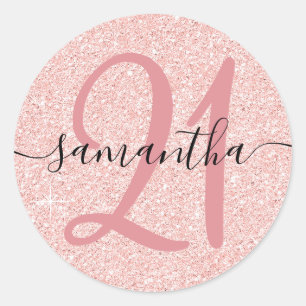 Girly Pale Rose Gold Faux Glitter Personalised 21 Classic Round Sticker