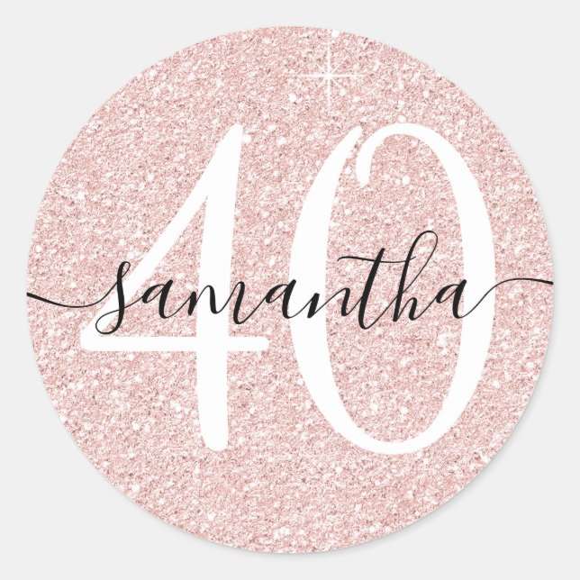 Girly Pale Rose Gold Faux Glitter Personalised 40 Classic Round Sticker (Front)