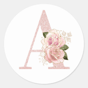 Girly Pale Rose Gold Glitter Floral Monogram A Classic Round Sticker