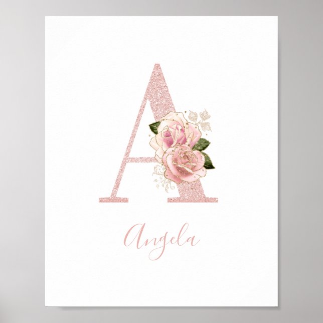 Girly Pale Rose Gold Glitter Floral Monogram A Poster (Front)