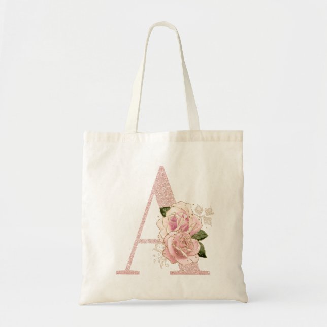 Girly Pale Rose Gold Glitter Floral Monogram A Tote Bag (Front)