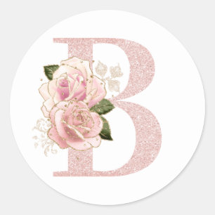Girly Pale Rose Gold Glitter Floral Monogram B Classic Round Sticker