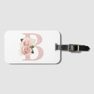 Girly Pale Rose Gold Glitter Floral Monogram B Luggage Tag
