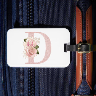 Girly Pale Rose Gold Glitter Floral Monogram D Luggage Tag