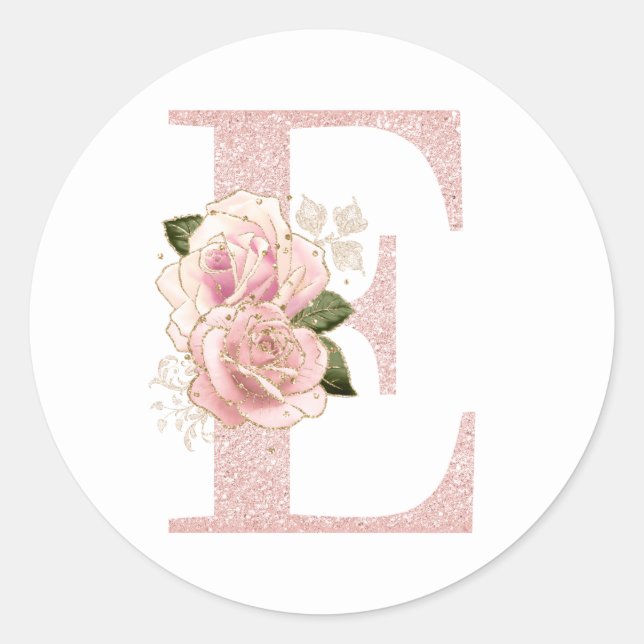 Girly Pale Rose Gold Glitter Floral Monogram E Classic Round Sticker (Front)