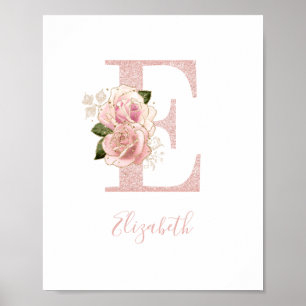 Girly Pale Rose Gold Glitter Floral Monogram E Poster