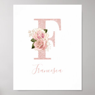 Girly Pale Rose Gold Glitter Floral Monogram F Poster