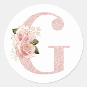 Girly Pale Rose Gold Glitter Floral Monogram G Classic Round Sticker