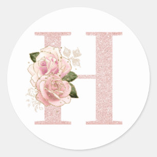 Girly Pale Rose Gold Glitter Floral Monogram H Classic Round Sticker