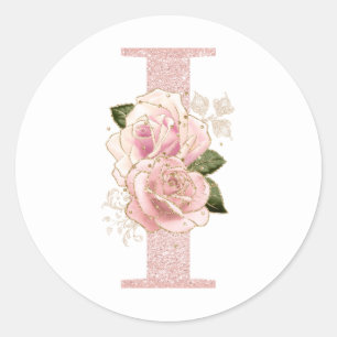 Girly Pale Rose Gold Glitter Floral Monogram I Classic Round Sticker