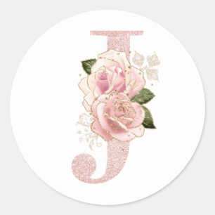 Girly Pale Rose Gold Glitter Floral Monogram J Classic Round Sticker