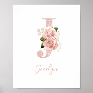 Girly Pale Rose Gold Glitter Floral Monogram J Poster