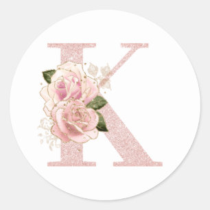 Girly Pale Rose Gold Glitter Floral Monogram K Classic Round Sticker