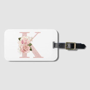 Girly Pale Rose Gold Glitter Floral Monogram K Luggage Tag