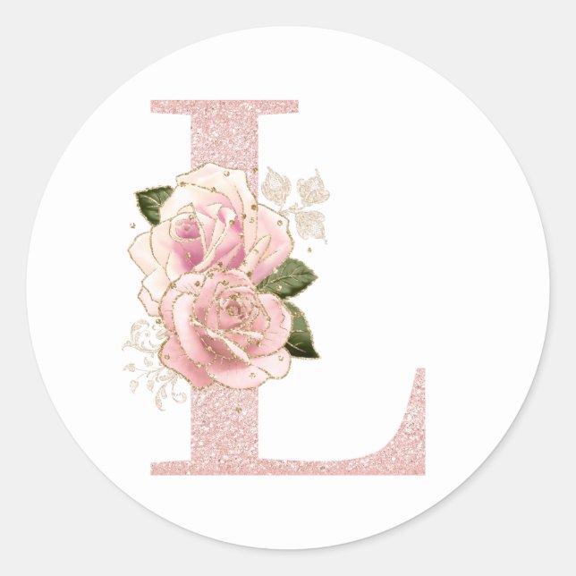 Girly Pale Rose Gold Glitter Floral Monogram L Classic Round Sticker (Front)