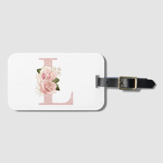 Girly Pale Rose Gold Glitter Floral Monogram L Luggage Tag