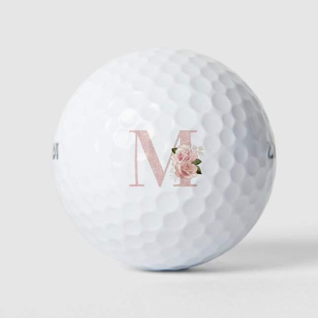 Girly Pale Rose Gold Glitter Floral Monogram M Golf Balls (Front)