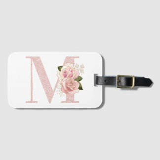 Girly Pale Rose Gold Glitter Floral Monogram M Luggage Tag