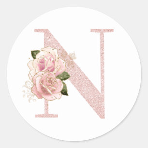 Girly Pale Rose Gold Glitter Floral Monogram N Classic Round Sticker