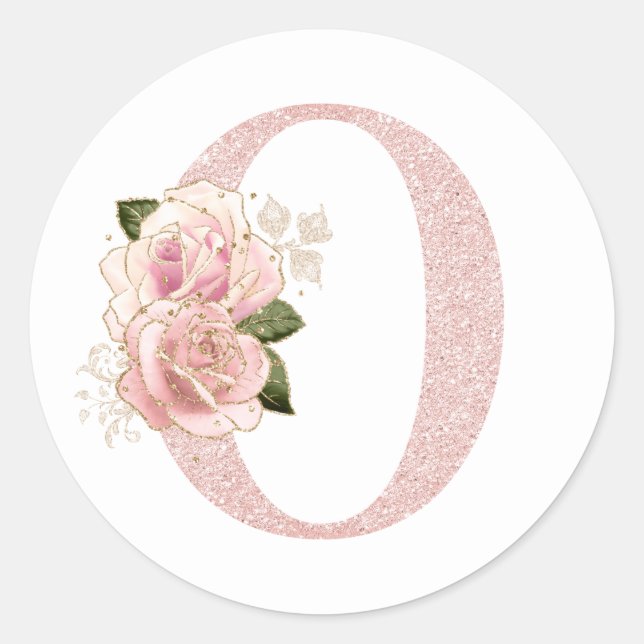 Girly Pale Rose Gold Glitter Floral Monogram O Classic Round Sticker (Front)