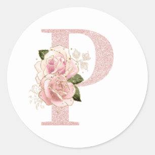 Girly Pale Rose Gold Glitter Floral Monogram P Classic Round Sticker
