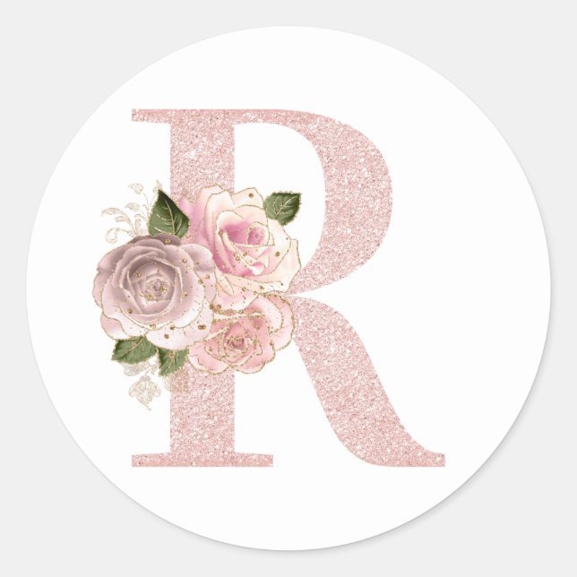 Girly Pale Rose Gold Glitter Floral R Monogram Classic Round Sticker (Front)