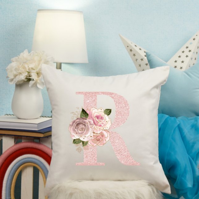 Girly Pale Rose Gold Glitter Floral R Monogram Cushion (Rose Gold Glitter Floral R Monogram Throw Pillow)