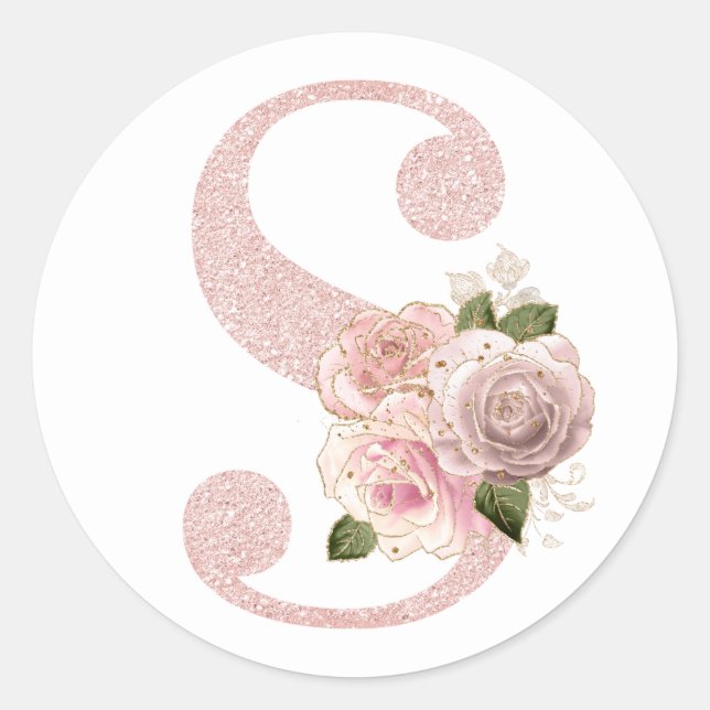 Girly Pale Rose Gold Glitter Floral S Monogram Classic Round Sticker (Front)