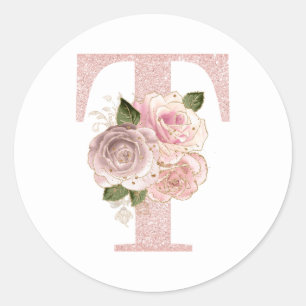 Girly Pale Rose Gold Glitter Floral T Monogram Classic Round Sticker