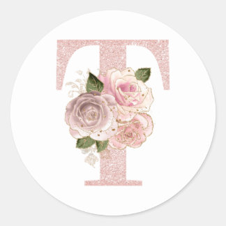 Girly Pale Rose Gold Glitter Floral T Monogram Classic Round Sticker