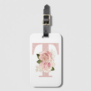 Girly Pale Rose Gold Glitter Floral T Monogram Luggage Tag
