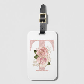 Girly Pale Rose Gold Glitter Floral T Monogram Luggage Tag