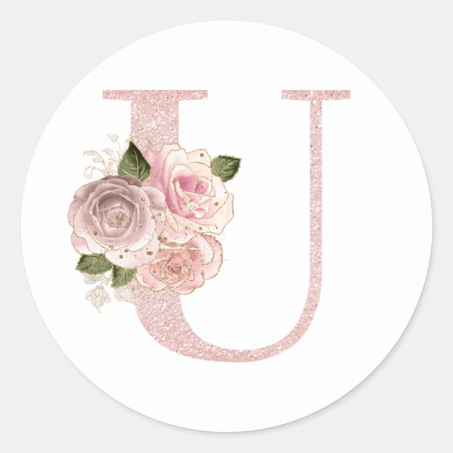 Girly Pale Rose Gold Glitter Floral U Monogram Classic Round Sticker (Front)