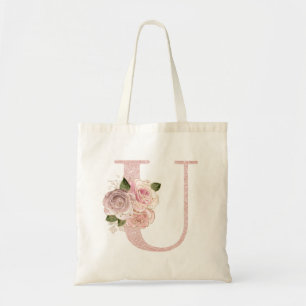Girly Pale Rose Gold Glitter Floral U Monogram Tote Bag