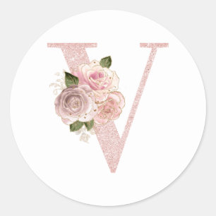 Girly Pale Rose Gold Glitter Floral V Monogram Classic Round Sticker