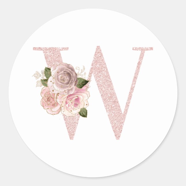 Girly Pale Rose Gold Glitter Floral W Monogram Classic Round Sticker (Front)