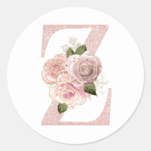 Girly Pale Rose Gold Glitter Floral Z Monogram Classic Round Sticker