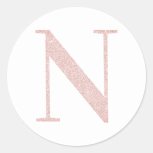 Girly Pale Rose Gold Glitter Monogram N Classic Round Sticker