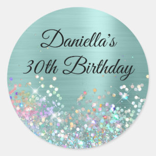 Girly Pale Turquoise Foil Holo Glitter Birthday Classic Round Sticker