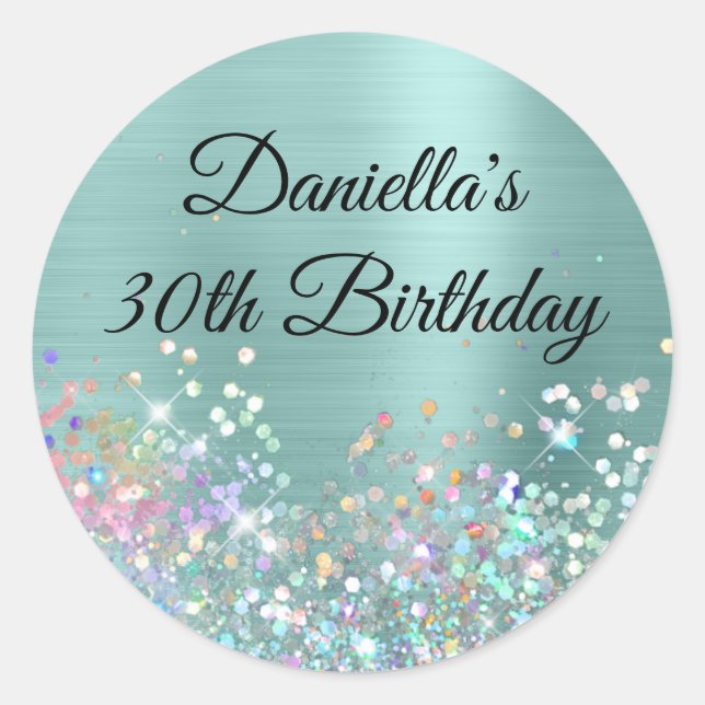 Girly Pale Turquoise Foil Holo Glitter Birthday Classic Round Sticker (Front)