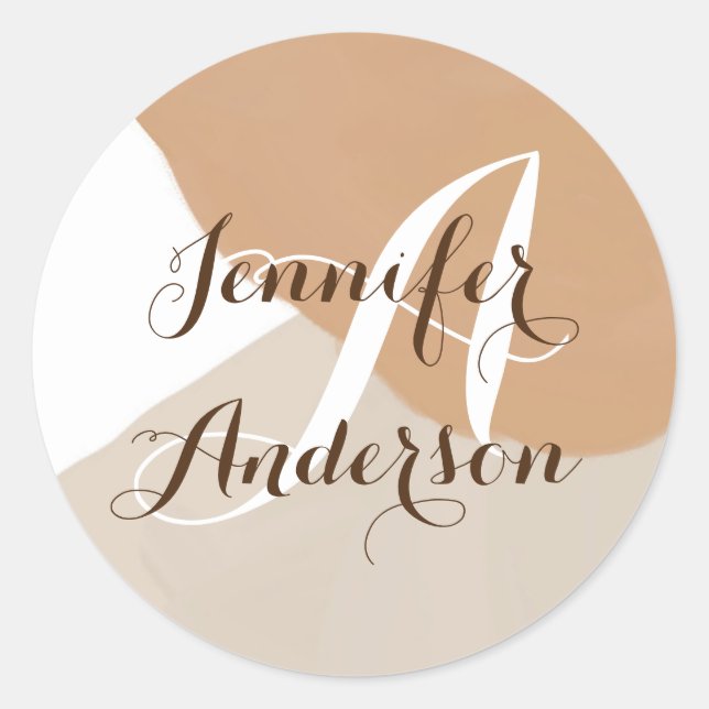 Girly Pampas Terracotta Sand Beige Monogram name  Classic Round Sticker (Front)