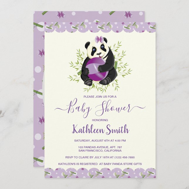 Girly Panda Bear Baby Shower Pale Lilac Photo Invitation (Front/Back)