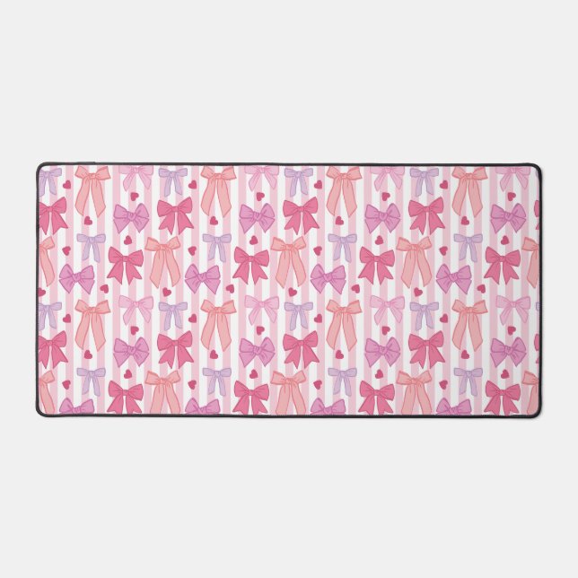 Girly Pastel Bows and Stripes Desk Mat (Front)
