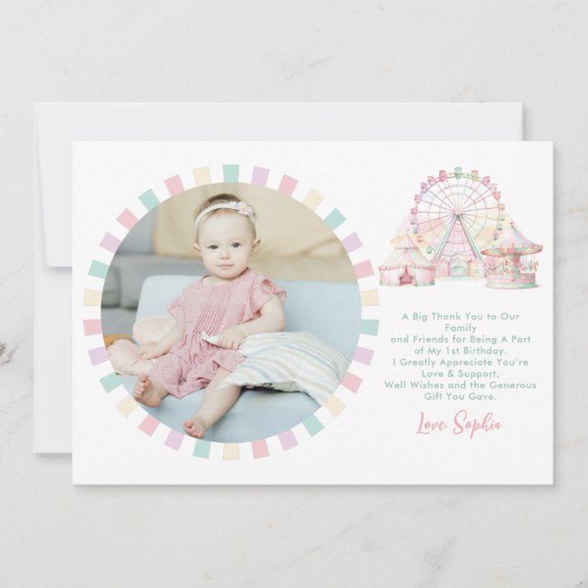 Girly Pastel Colour Carnival Circus Birthday Photo Thank You Card (Front)