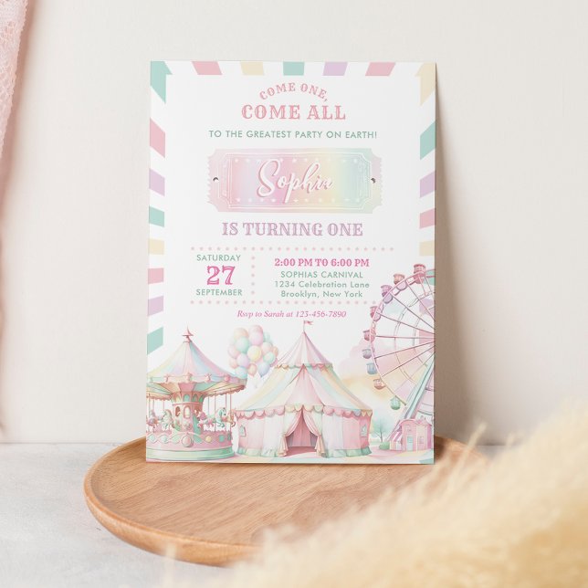 Girly Pastel Colour Carnival Circus Kids Birthday Invitation (Creator Uploaded)