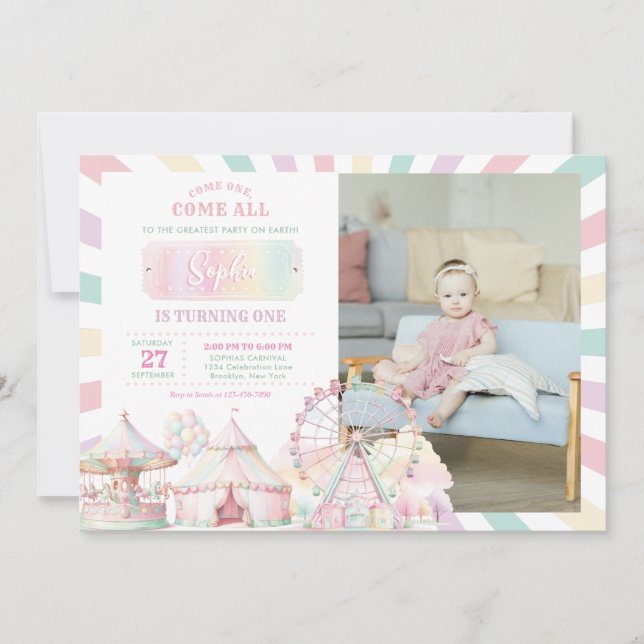 Girly Pastel Colour Carnival Circus Photo Birthday Invitation (Front)