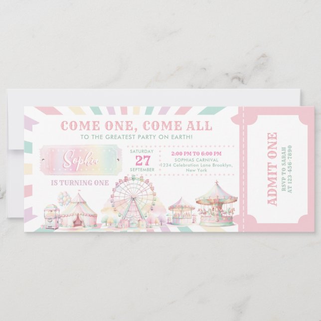 Girly Pastel Colour Carnival Circus Ticket Birthda Invitation (Front)