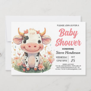 Girly Pastel Cute Cow Baby Shower Invitation