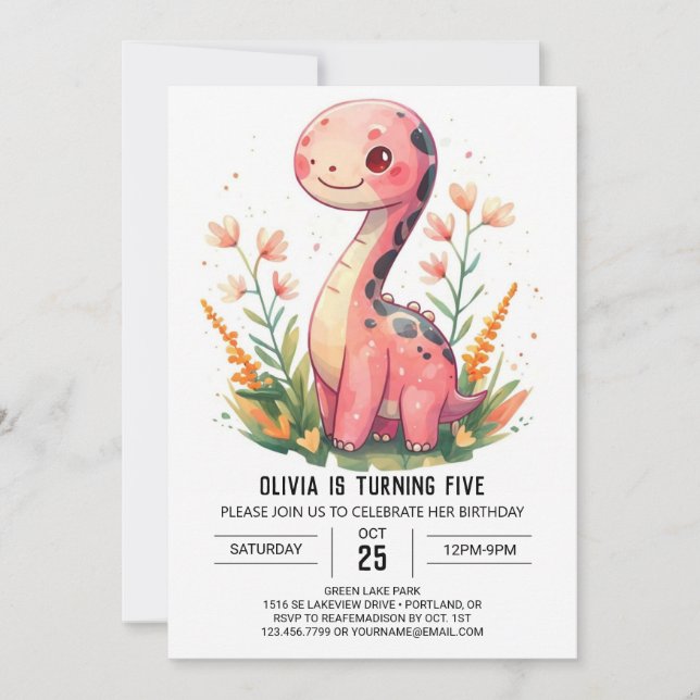 Girly Pastel Digital Dinosaur Girl Birthday Invitation (Front)